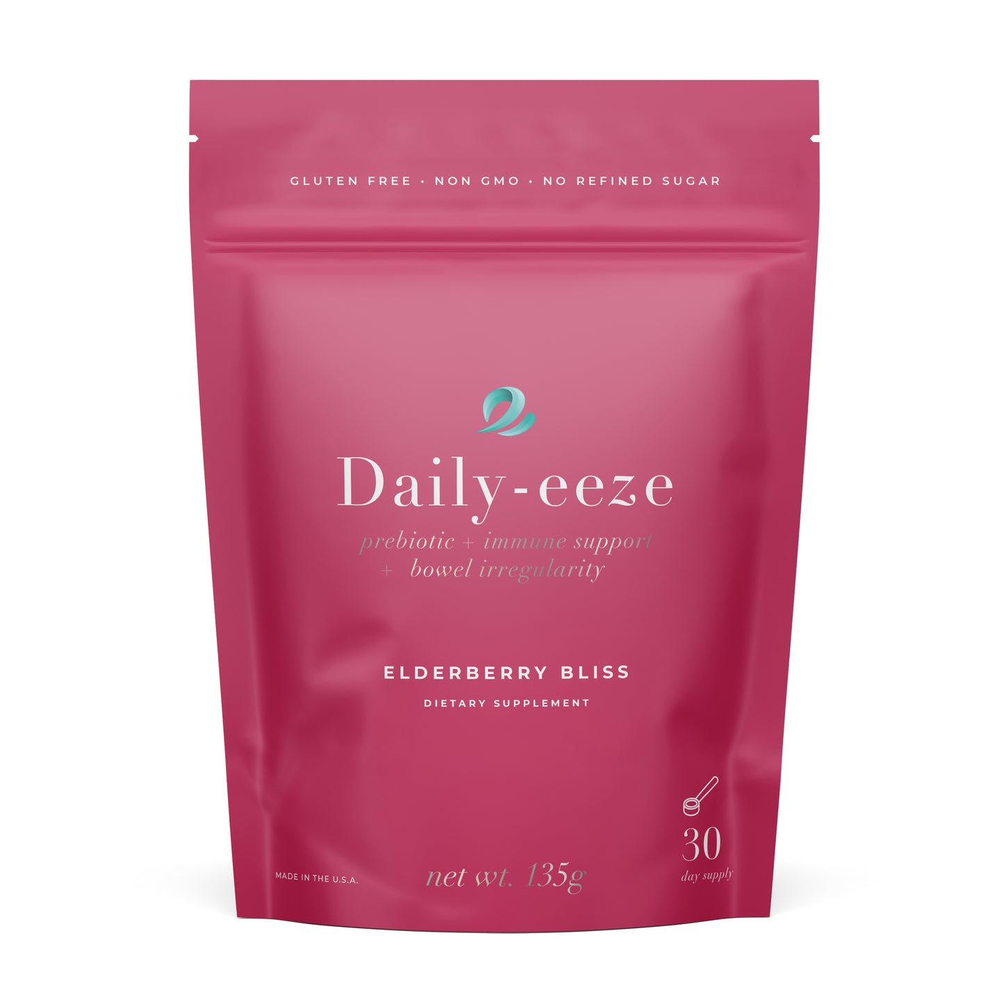 Pink package of Daily-eeze Elderberry Bliss dietary supplement on a white background