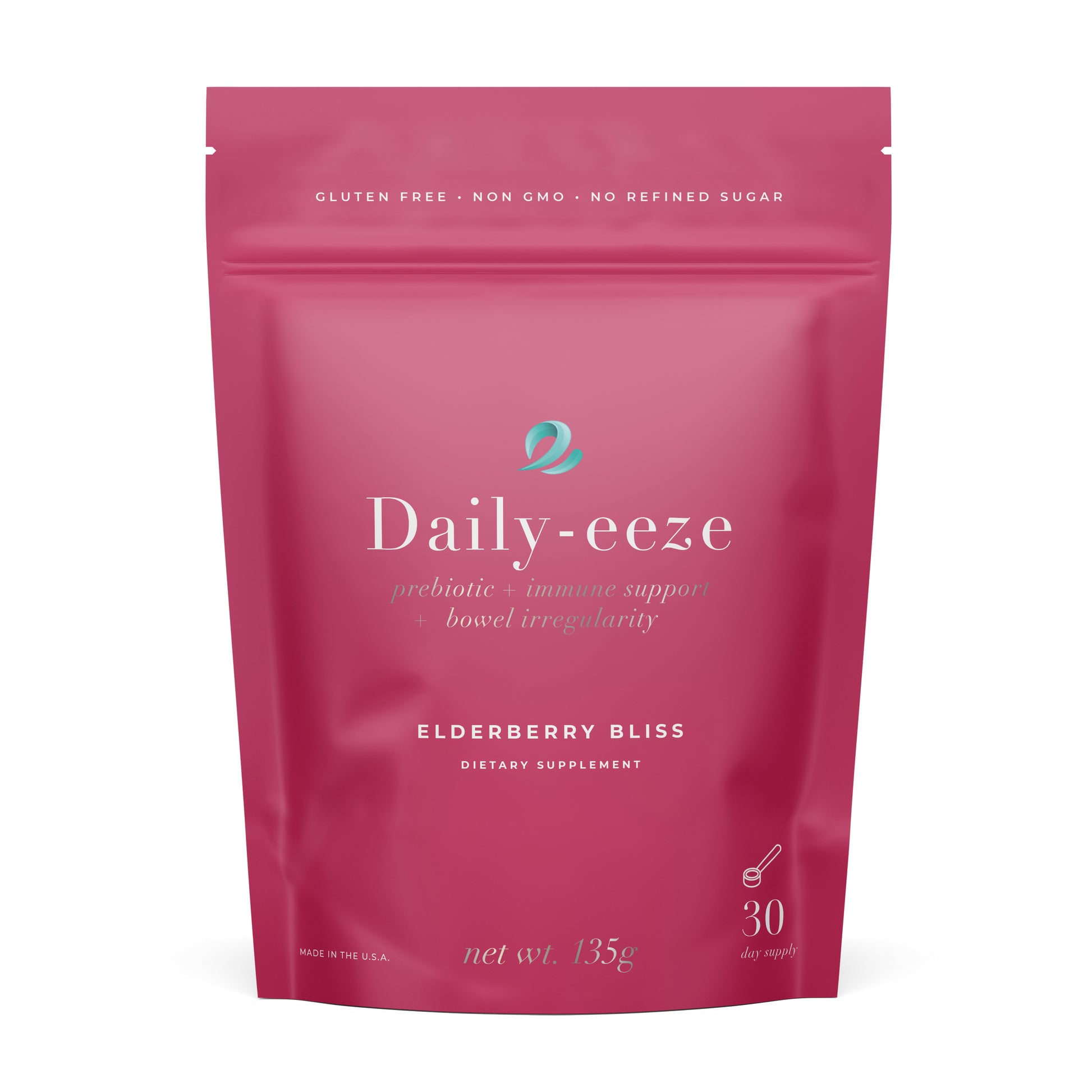 Pink package of Daily-eeze Elderberry Bliss dietary supplement on a white background