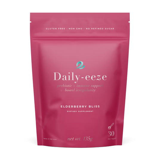 Pink package of Daily-eeze Elderberry Bliss dietary supplement on a white background